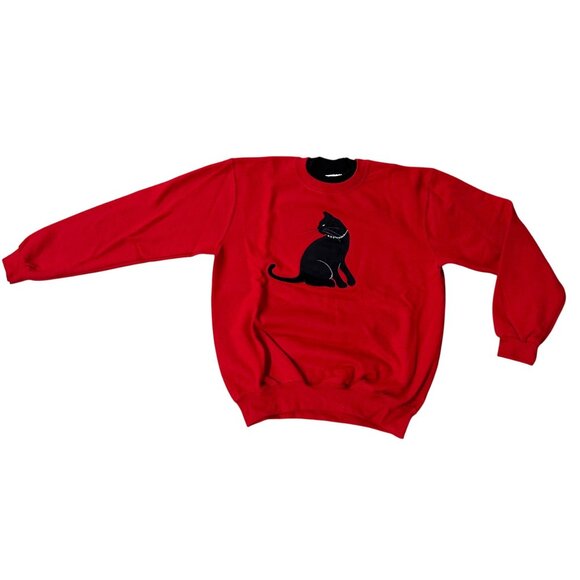 Vintage Red Sweatshirt Black Cat 1990s Rhinestones Medium Top Stitch Kitschy - Picture 2 of 7